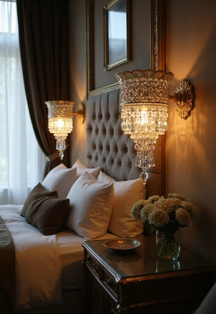 30 Wall Lamps Bedroom Ideas That Add Mood Lighting - 29. Elegant Crystal Droplet Lamps