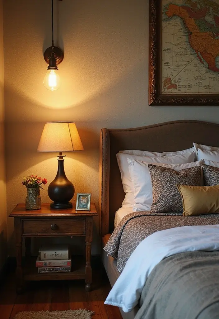 30 Wall Lamps Bedroom Ideas That Add Mood Lighting - 30. Vintage Travel-Themed Lamps