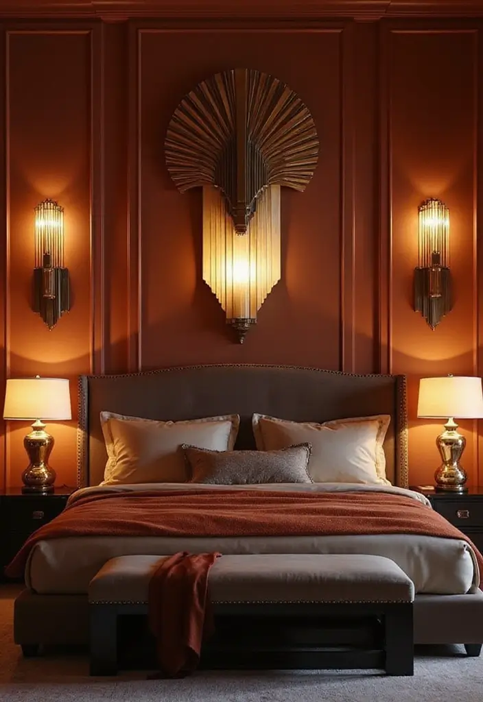 30 Wall Lamps Bedroom Ideas That Add Mood Lighting - 8. Art Deco Glamour