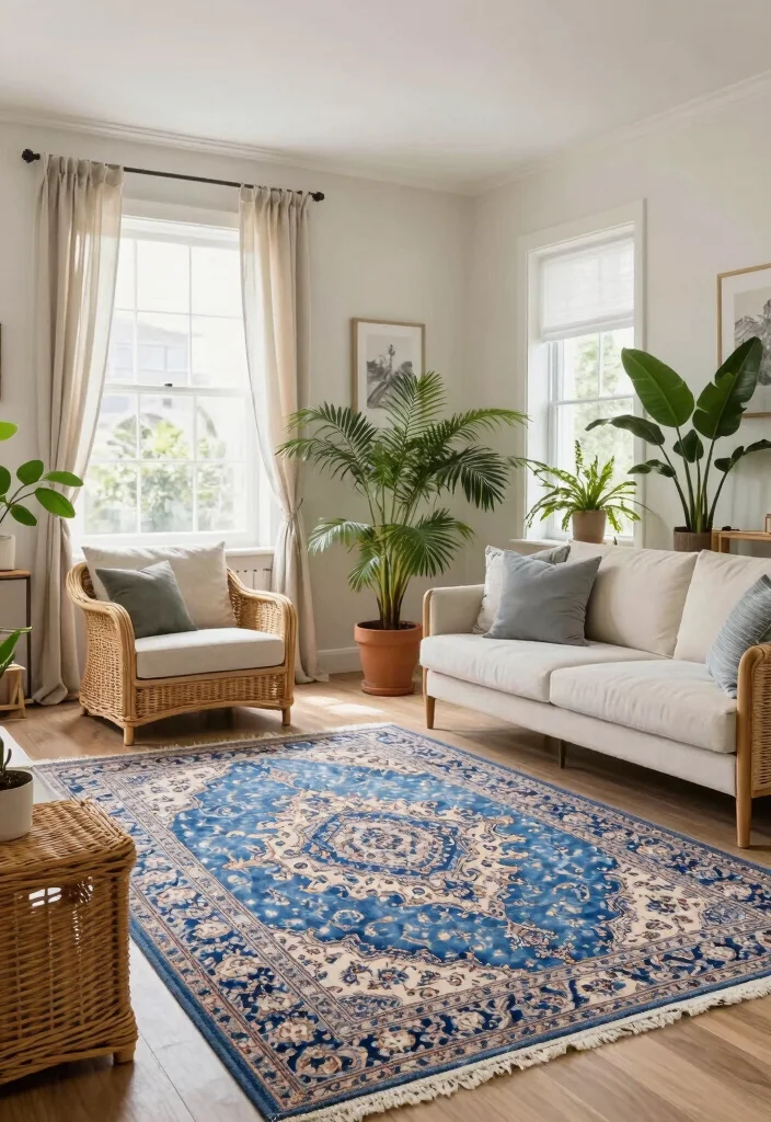 15 Blue Persian Rug Living Room Ideas Rich Classic Pattern - 14. Outdoor-Inspired Elegance 1