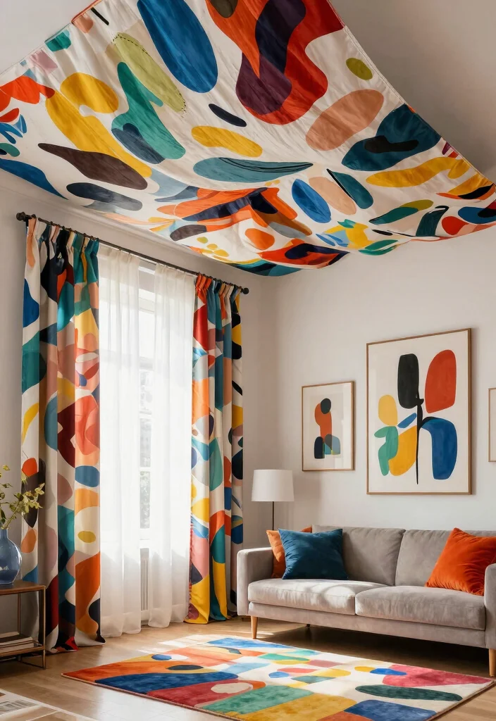 15 Ceiling Curtains Living Room Ideas for a Dramatic Soft Look - 11. Artistic Ceiling Drapes 1