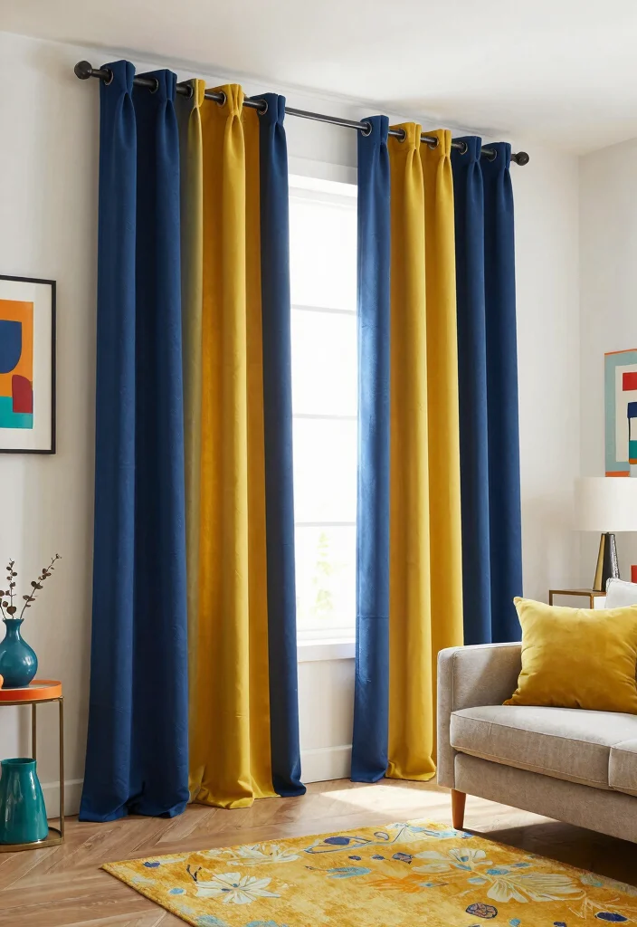 15 Ceiling Curtains Living Room Ideas for a Dramatic Soft Look - 14. Statement Color Block Curtains 1