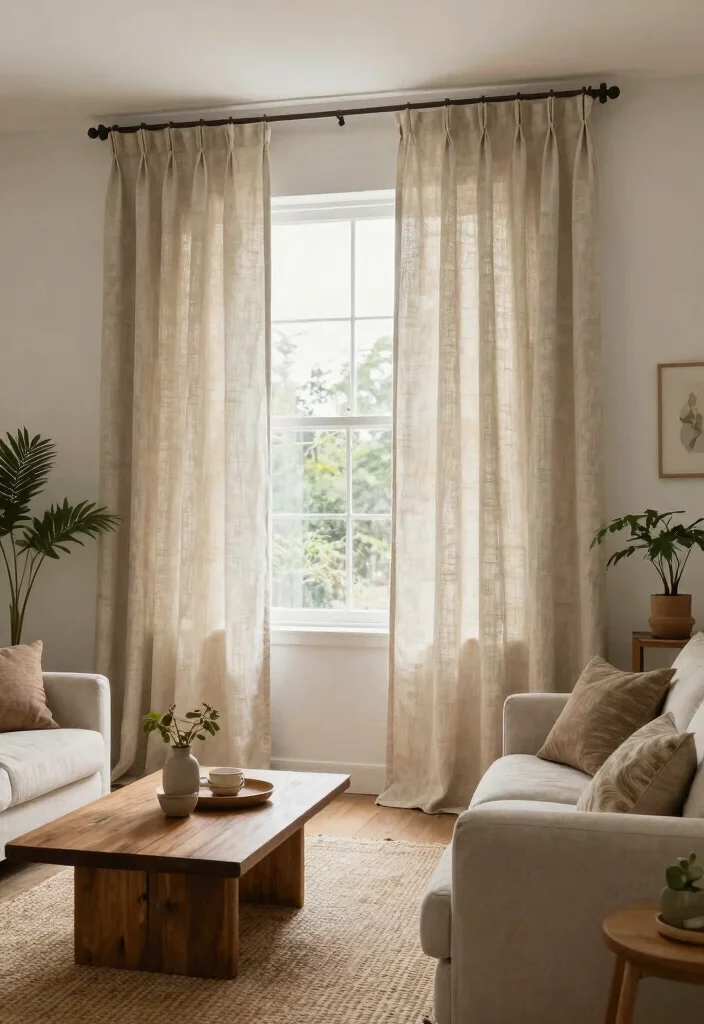 15 Ceiling Curtains Living Room Ideas for a Dramatic Soft Look - 2. Textured Linen Drapes 1