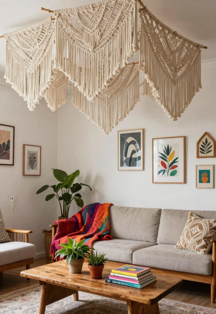 15 Ceiling Curtains Living Room Ideas for a Dramatic Soft Look - 4. Macramé Ceiling Drapes 1