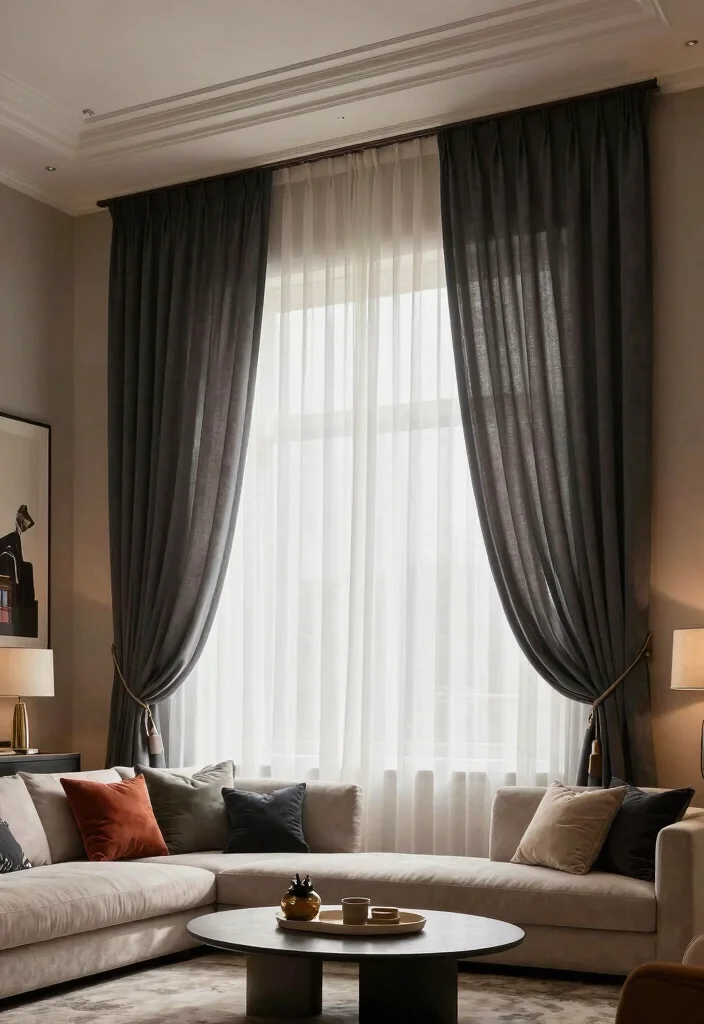 15 Ceiling Curtains Living Room Ideas for a Dramatic Soft Look - 5. Layered Ceiling Drapes 1