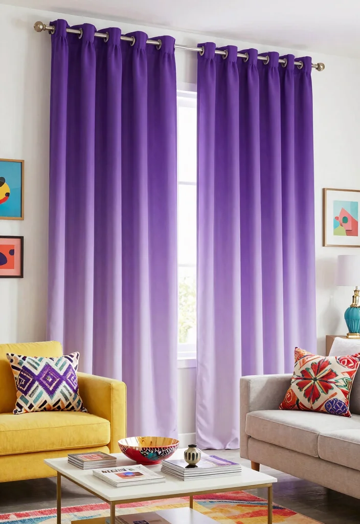 15 Ceiling Curtains Living Room Ideas for a Dramatic Soft Look - 6. Colorful Ombre Drapes 1