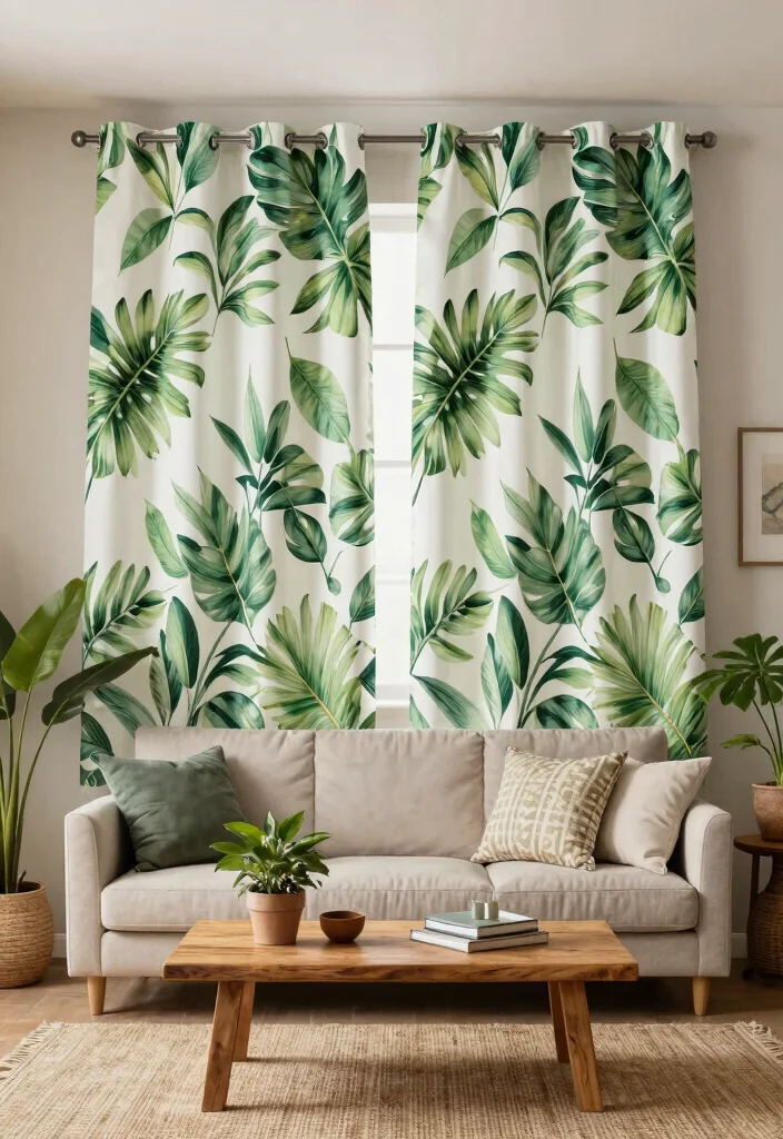 15 Ceiling Curtains Living Room Ideas for a Dramatic Soft Look - 8. Nature-Inspired Prints 1