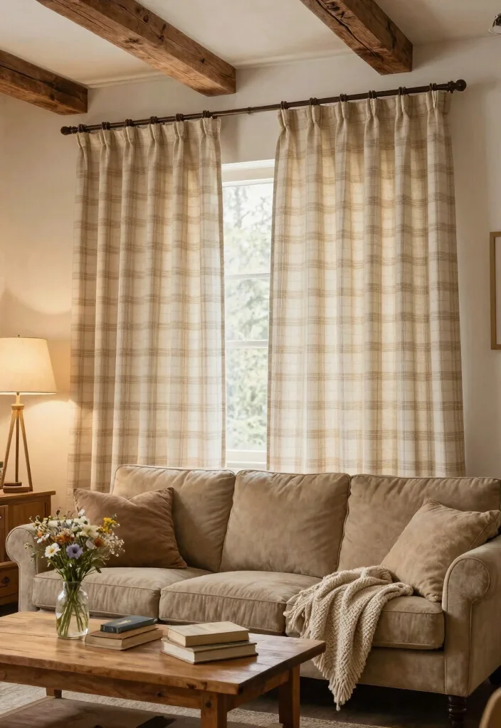 15 Ceiling Curtains Living Room Ideas for a Dramatic Soft Look - 9. Rustic Farmhouse Drapes 1