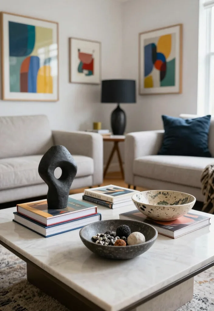 15 Living Room With Coffee Table Ideas for a Balanced Everyday Layout - 8. Artistic Display 1