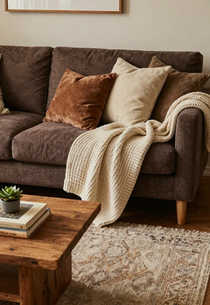 15 Living Room With Dark Brown Couch Ideas: Warm Grounded Style - 1. Layered Textures for Cozy Ambiance 1