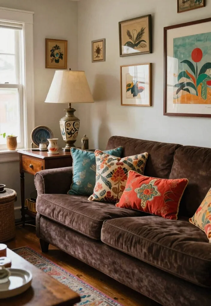 15 Living Room With Dark Brown Couch Ideas: Warm Grounded Style - 10. Vintage Finds and Thrifted Treasures 1