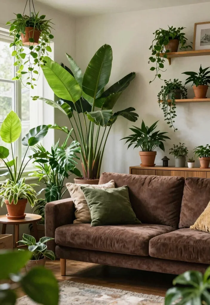15 Living Room With Dark Brown Couch Ideas: Warm Grounded Style - 11. Incorporating Plants and Greenery 1