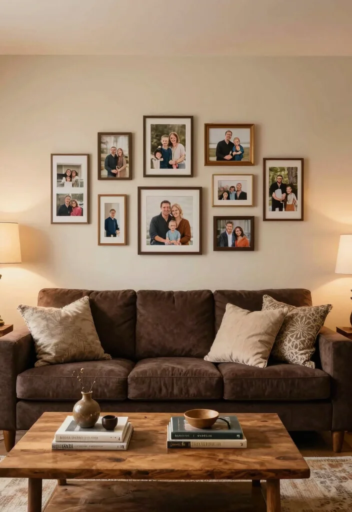15 Living Room With Dark Brown Couch Ideas: Warm Grounded Style - 12. Incorporating Personal Touches 1