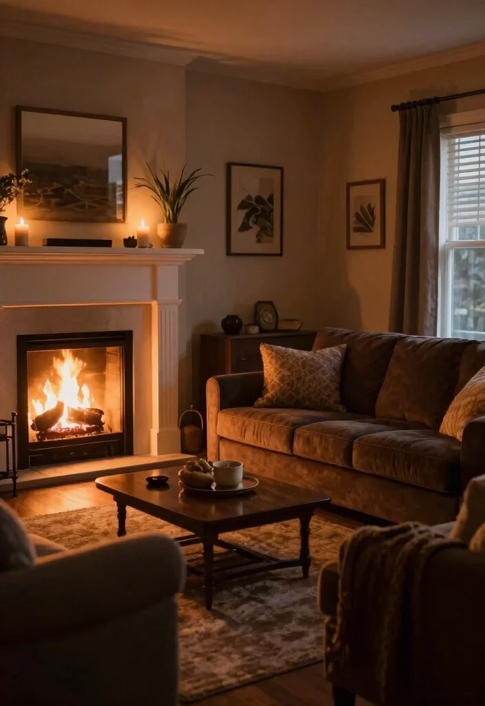 15 Living Room With Dark Brown Couch Ideas: Warm Grounded Style - 13. Cozy Fireplace Features 1