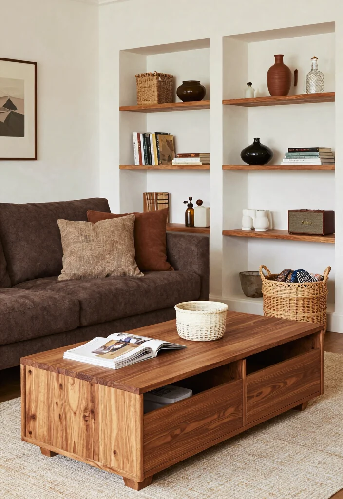 15 Living Room With Dark Brown Couch Ideas: Warm Grounded Style - 14. Functional Storage Solutions 1