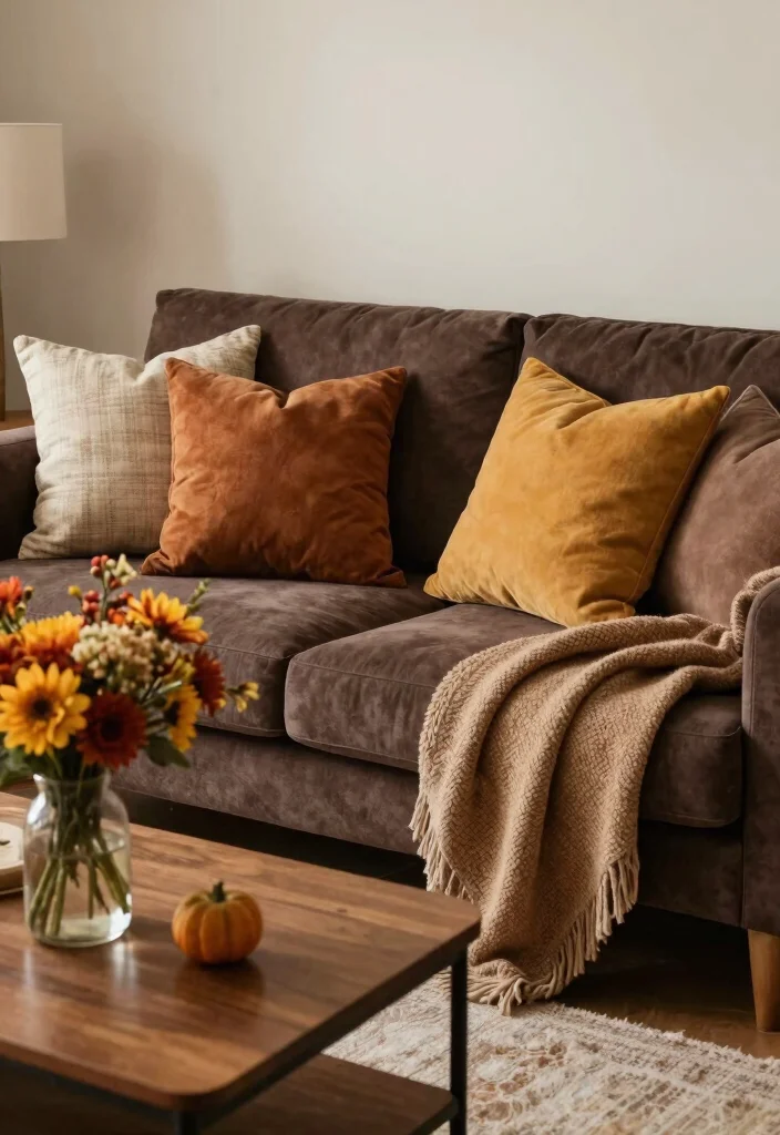 15 Living Room With Dark Brown Couch Ideas: Warm Grounded Style - 15. Seasonal Decor Updates 1