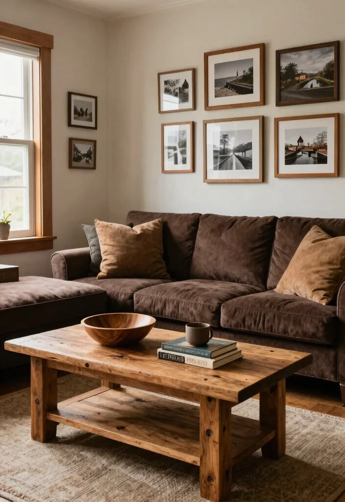 15 Living Room With Dark Brown Couch Ideas: Warm Grounded Style - 3. Rustic Wooden Accents 1
