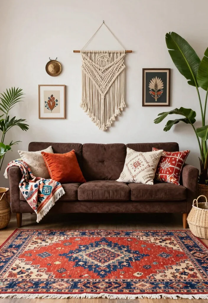 15 Living Room With Dark Brown Couch Ideas: Warm Grounded Style - 5. Bohemian Accents 1
