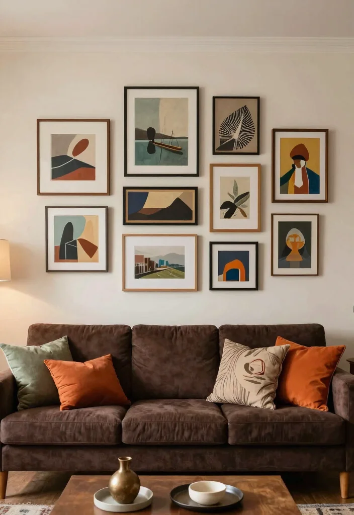 15 Living Room With Dark Brown Couch Ideas: Warm Grounded Style - 9. Artistic Wall Decor 1