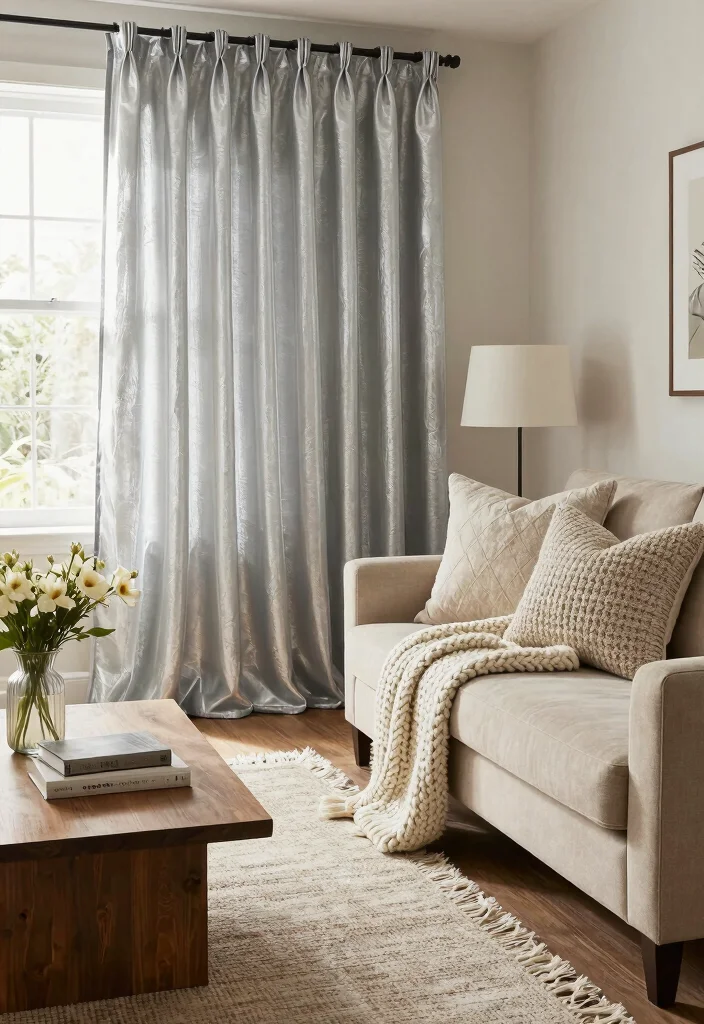 15 Silver Curtains Living Room Ideas: Subtle Glam Accent - 1. Layered Textures for a Cozy Feel 1