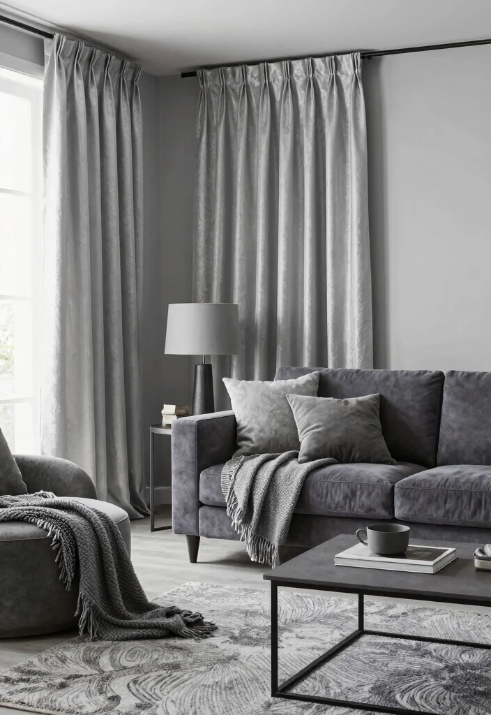 15 Silver Curtains Living Room Ideas: Subtle Glam Accent - 12. Monochromatic Layering with Gray 1