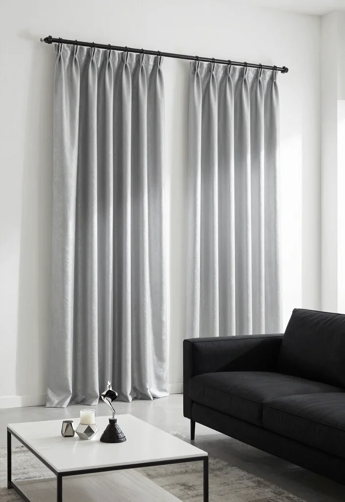15 Silver Curtains Living Room Ideas: Subtle Glam Accent - 2. Minimalist Elegance with Monochrome 1
