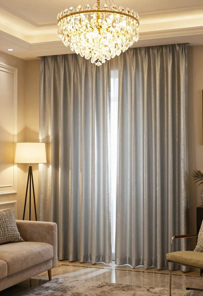 15 Silver Curtains Living Room Ideas: Subtle Glam Accent - 5. Add Statement Lighting 1