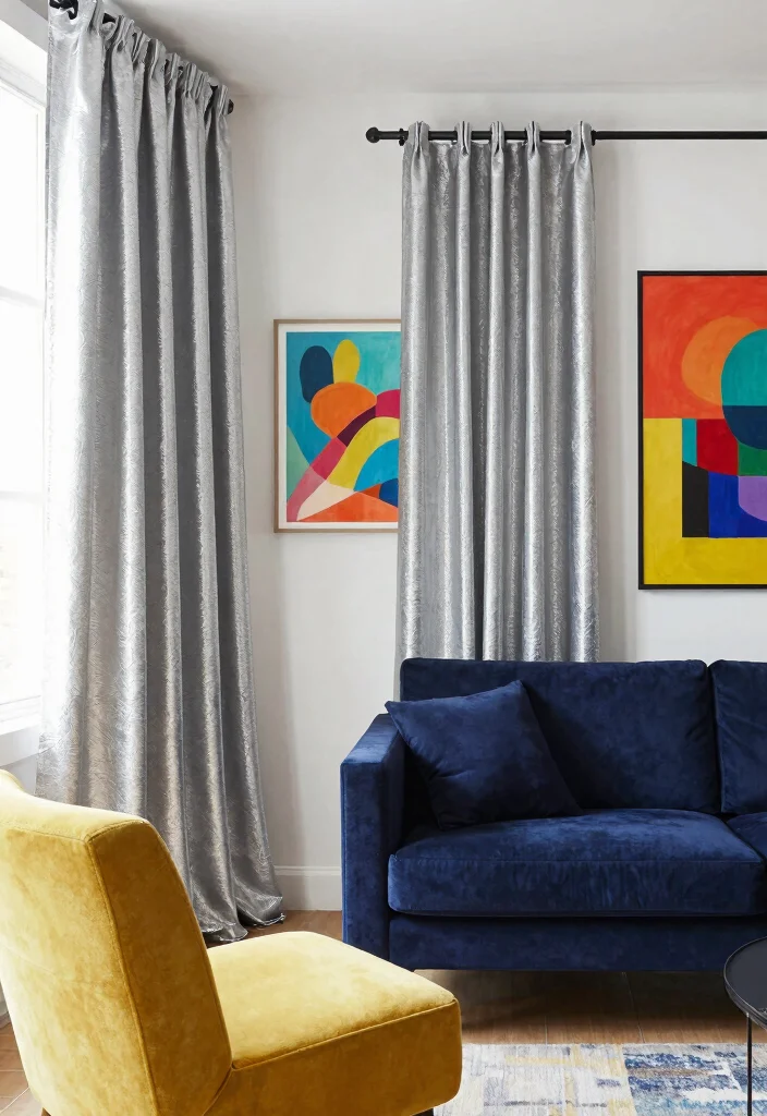 15 Silver Curtains Living Room Ideas: Subtle Glam Accent - 6. Contrast with Bold Colors 1