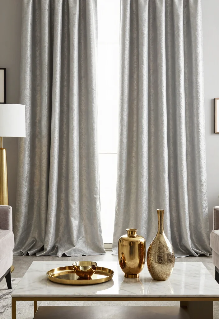 15 Silver Curtains Living Room Ideas: Subtle Glam Accent - 7. Use Silver as a Base for Metallic Accents 1
