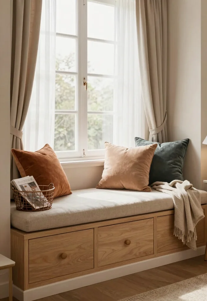 15 Under Window Decor Living Room Ideas for a Smart Cozy Use - 1. Cozy Window Seat with Storage 1