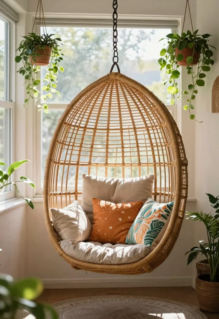 15 Under Window Decor Living Room Ideas for a Smart Cozy Use - 13. Hanging Rattan Chairs 1