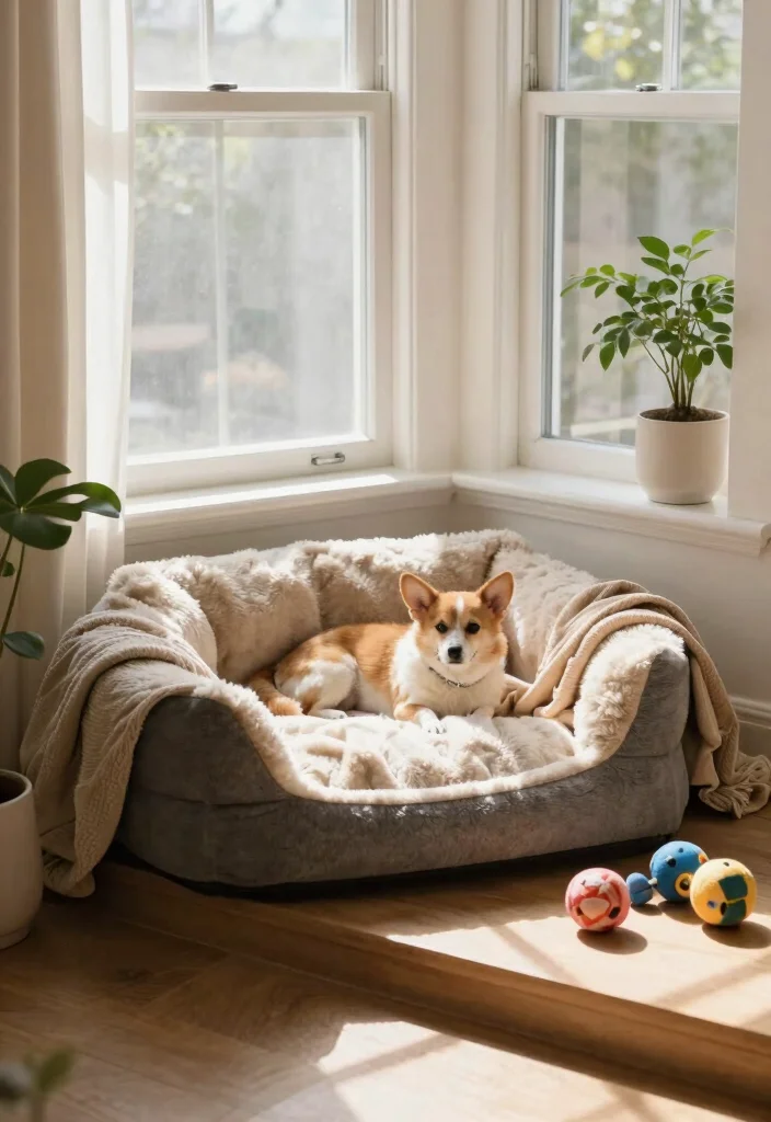 15 Under Window Decor Living Room Ideas for a Smart Cozy Use - 14. Under-Window Pet Nook 1