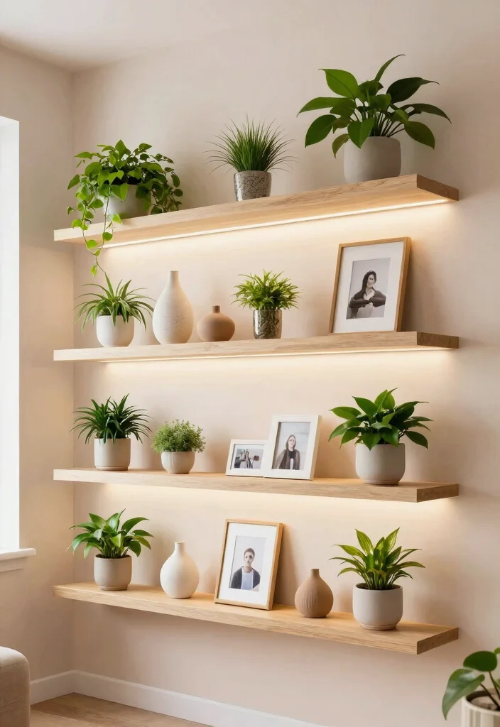 15 Under Window Decor Living Room Ideas for a Smart Cozy Use - 3. Floating Shelves with Decorative Accents 1