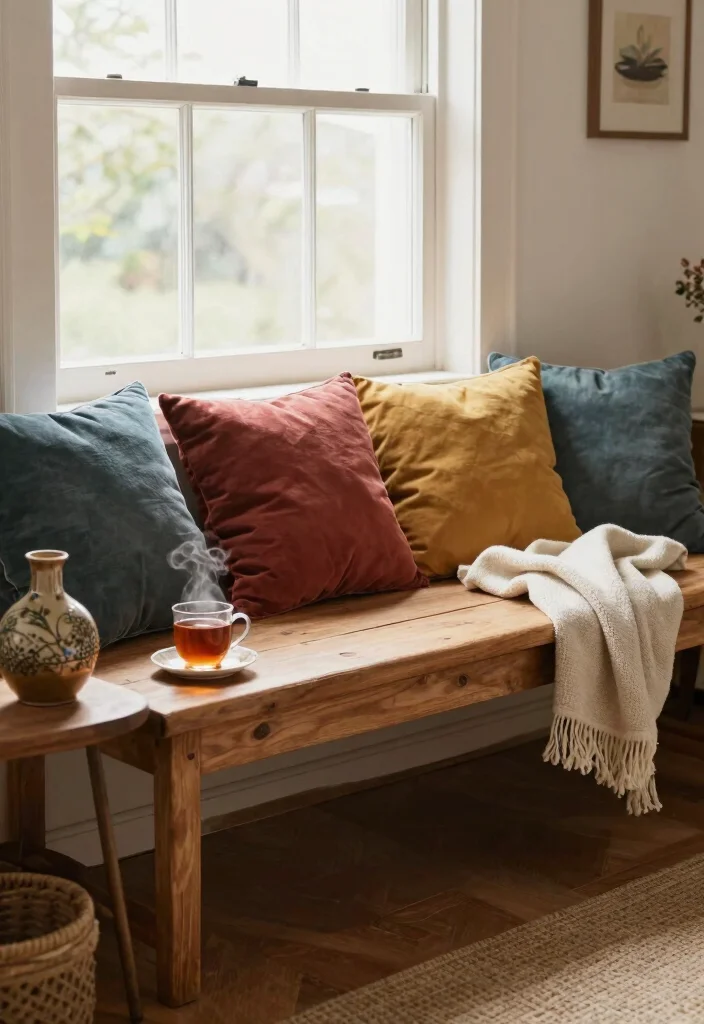 15 Under Window Decor Living Room Ideas for a Smart Cozy Use - 5. Under-Wooden Bench with Cushions 1