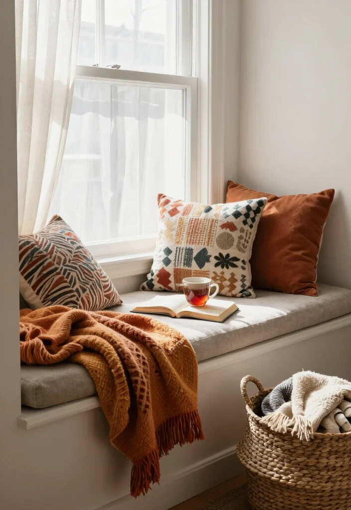 15 Under Window Decor Living Room Ideas for a Smart Cozy Use - 8. Colorful Throw Blankets on a Window Seat 1