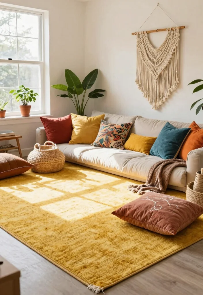 15 Yellow Rug Living Room Ideas: Bright Happy Pop - 1. Bohemian Bliss 1