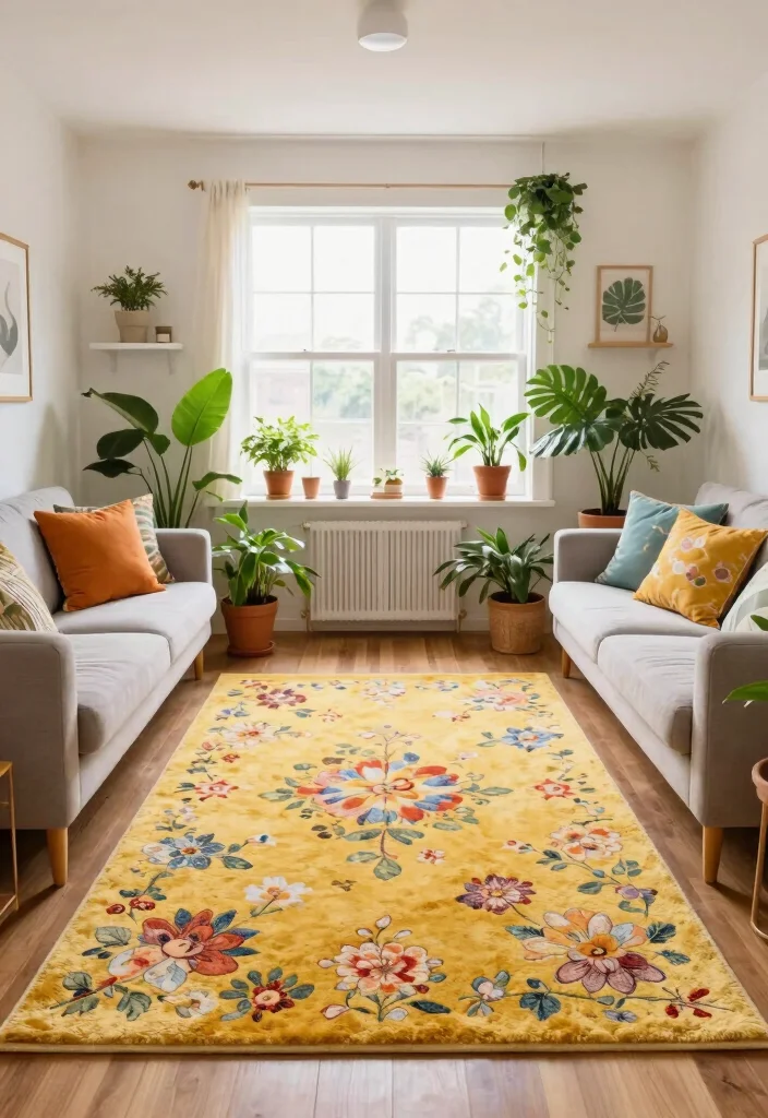 15 Yellow Rug Living Room Ideas: Bright Happy Pop - 11. Floral Inspiration 1