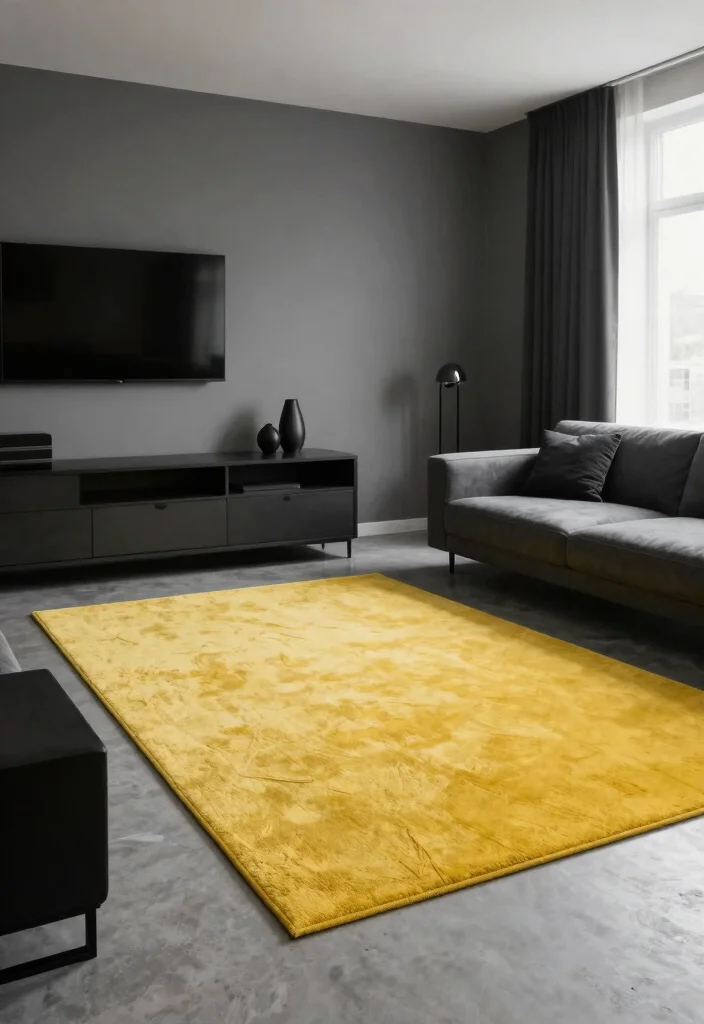 15 Yellow Rug Living Room Ideas: Bright Happy Pop - 14. Monochrome Magic 1