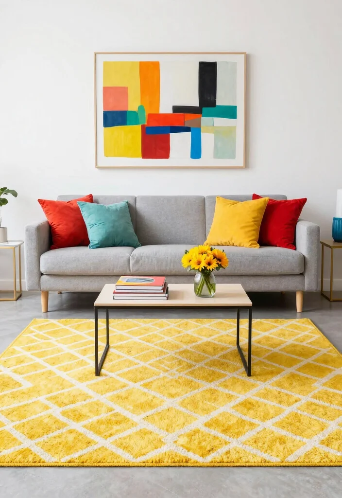 15 Yellow Rug Living Room Ideas: Bright Happy Pop - 3. Playful Patterns 1