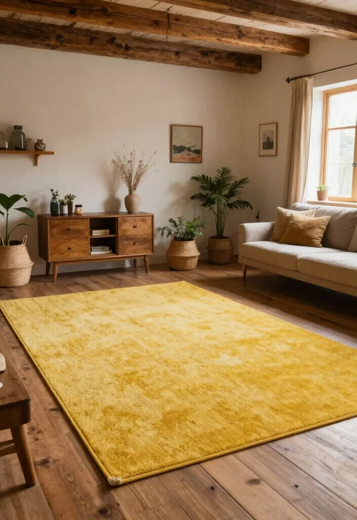 15 Yellow Rug Living Room Ideas: Bright Happy Pop - 8. Rustic Charm 1