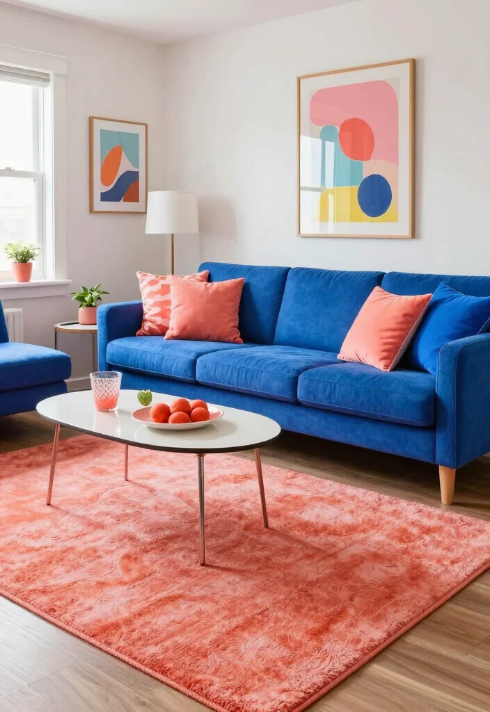 16 Blue Couch Living Room Rugs Ideas Perfect Color Pairings - 11. Vibrant Coral Accents 1
