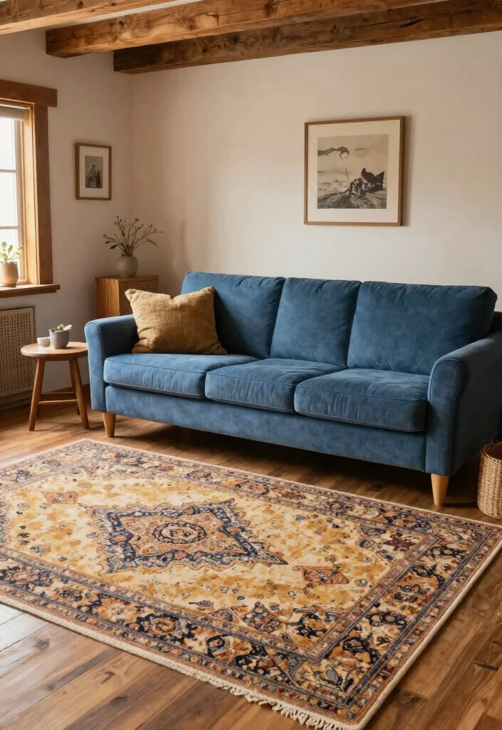 16 Blue Couch Living Room Rugs Ideas Perfect Color Pairings - 14. Warm Rustic Patterns 1