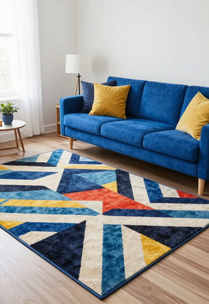 16 Blue Couch Living Room Rugs Ideas Perfect Color Pairings - 4. Bold Geometric Prints 1