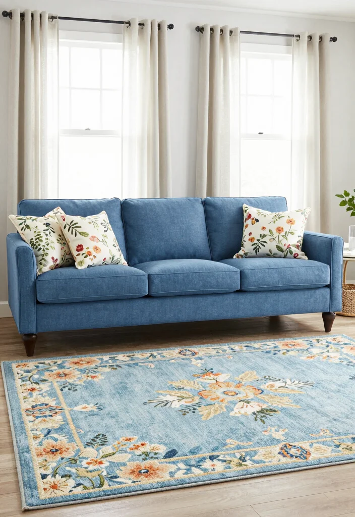 16 Blue Couch Living Room Rugs Ideas Perfect Color Pairings - 6. Coastal Florals 1