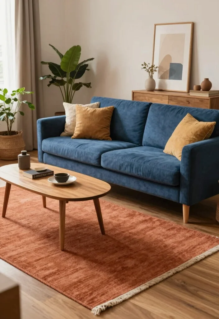 16 Blue Couch Living Room Rugs Ideas Perfect Color Pairings - 7. Warm Terracotta 1