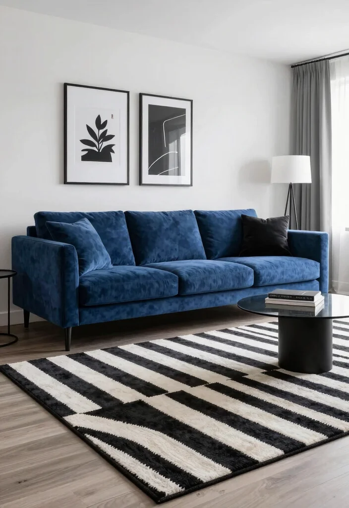 16 Blue Couch Living Room Rugs Ideas Perfect Color Pairings - 9. Classic Black and White 1