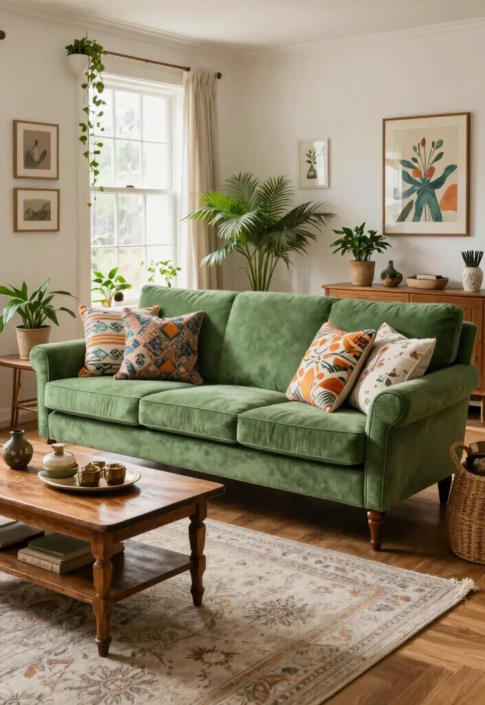 16 Couch for Living Room Ideas: Comfortable and Stylish Eco-Friendly Seating - 2. Vintage-Inspired Green Couch 1
