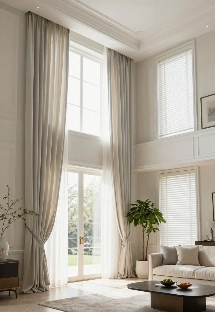 16 Living Room Blinds and Curtains Ideas Layered Window Style - 11. Layered Curtain Ideas for High Ceilings 1