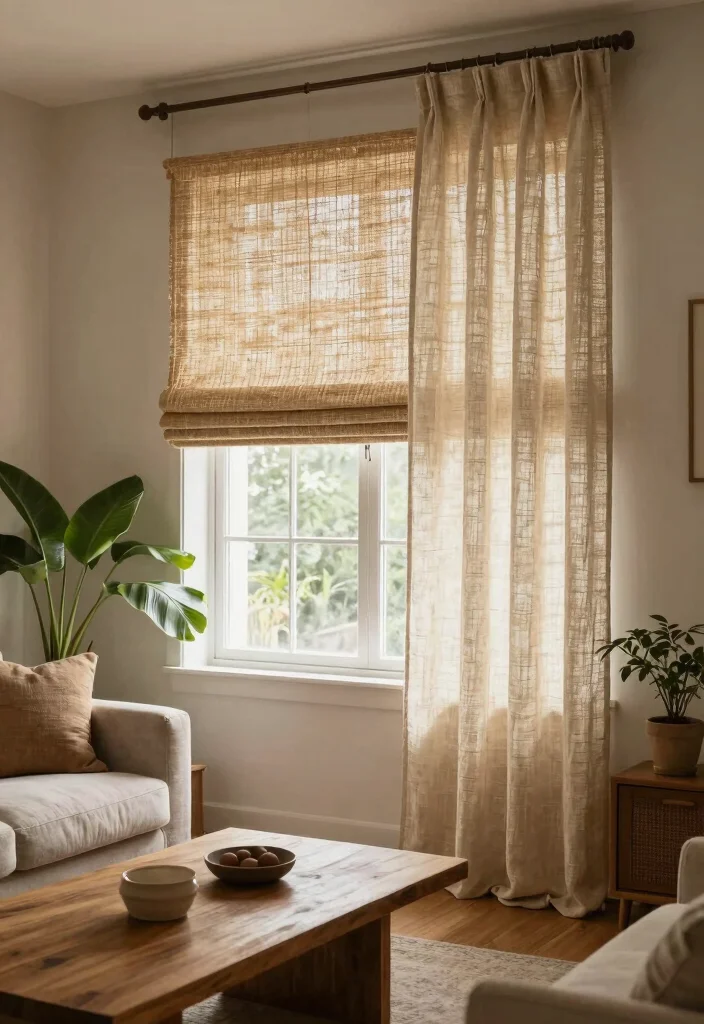 16 Living Room Blinds and Curtains Ideas Layered Window Style - 3. Natural Textures 1