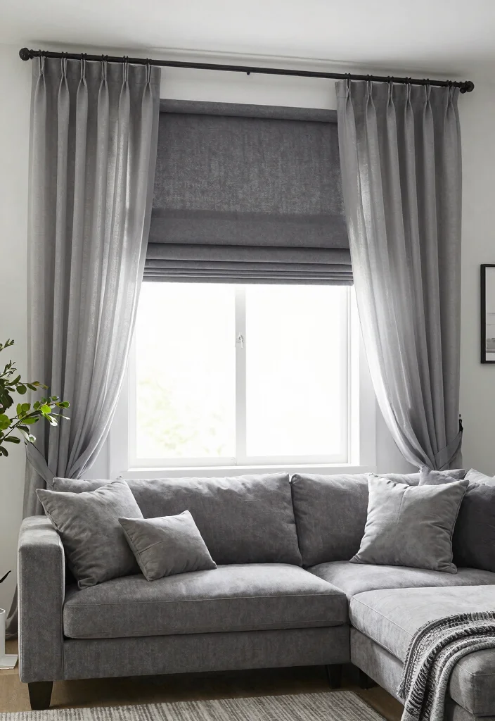 16 Living Room Blinds and Curtains Ideas Layered Window Style - 5. Monochromatic Layers 1